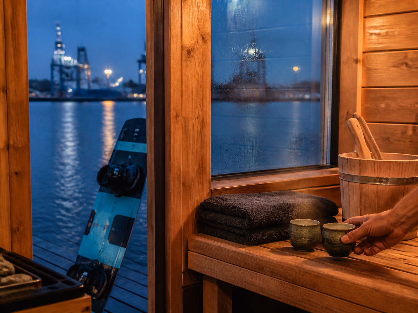 Aufguss, Tee und Wakeboard an einer privaten Sauna am Wasser